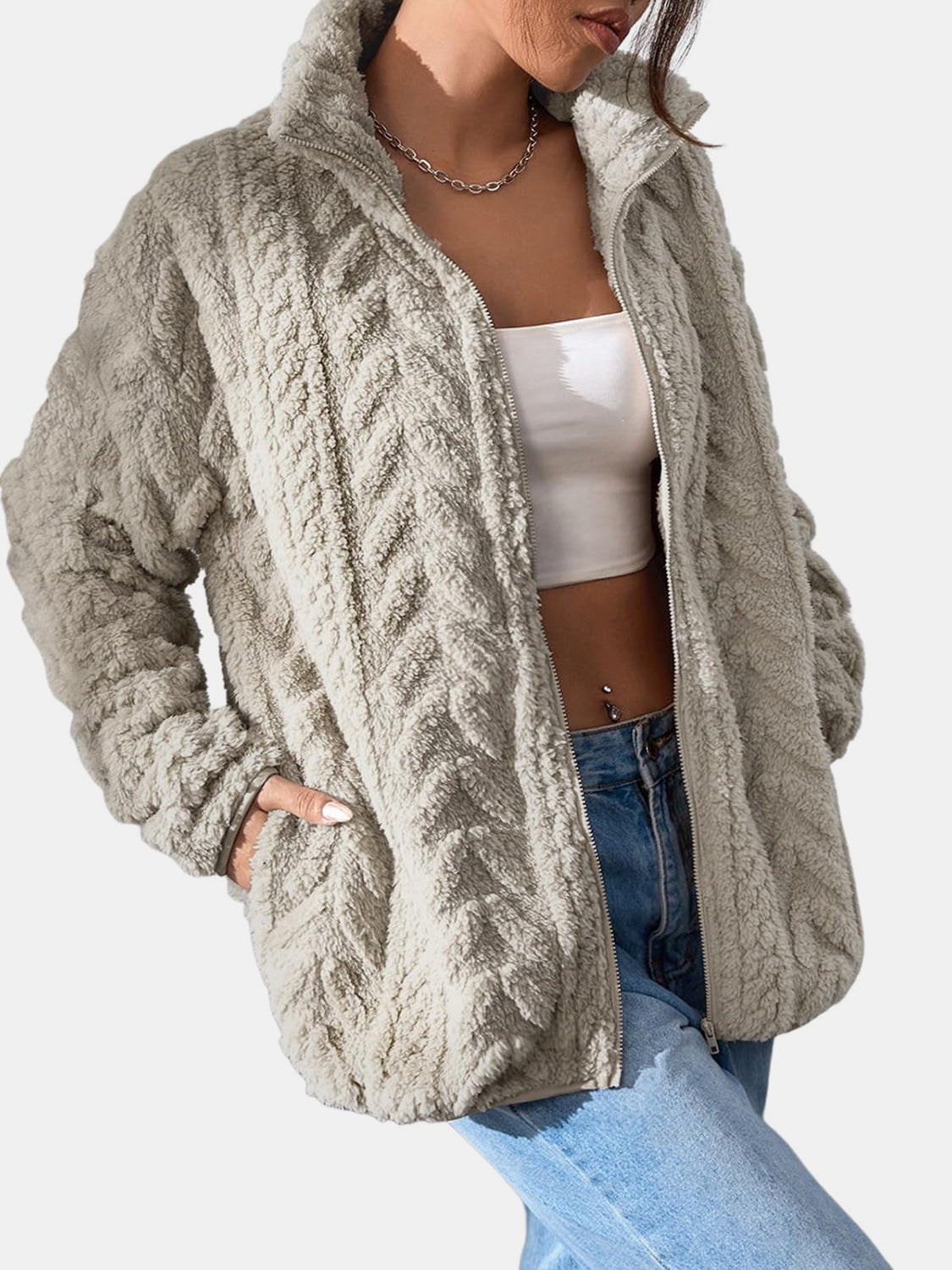 Fuzzy Zip Up Long Sleeve Jacket