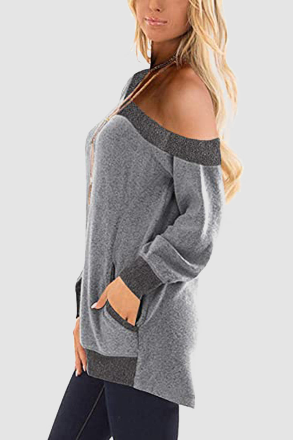 V-Neck Long Sleeve Sweatshirt with Pockets