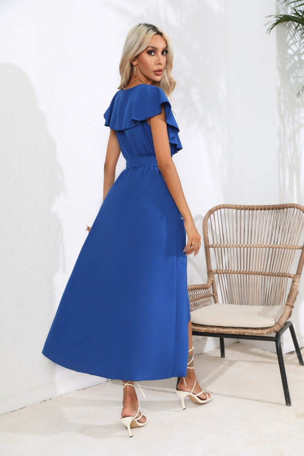 Ruffled Tied V-Neck Midi Dress