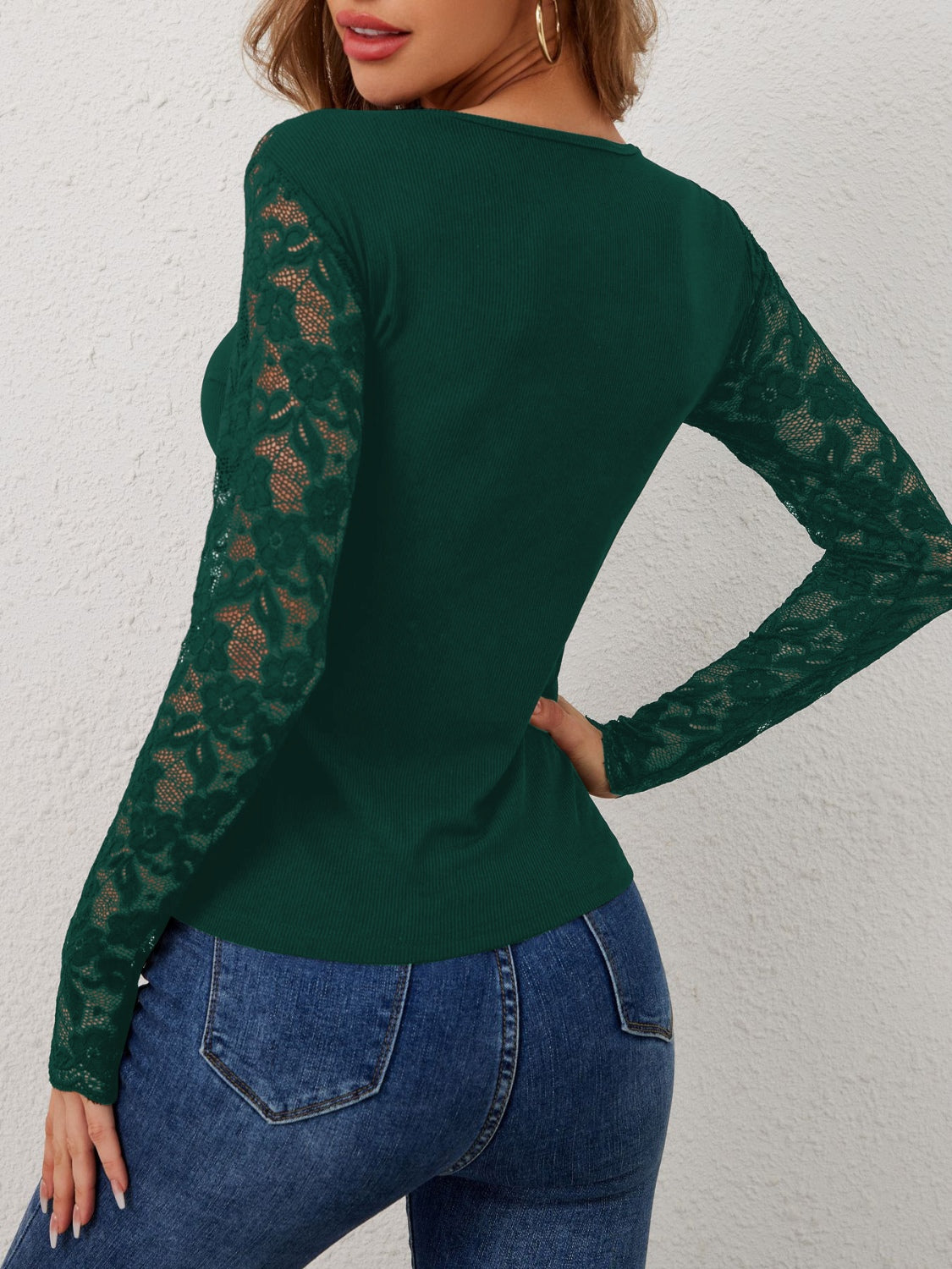 Lace Wavy Hem V-Neck Long Sleeve Top