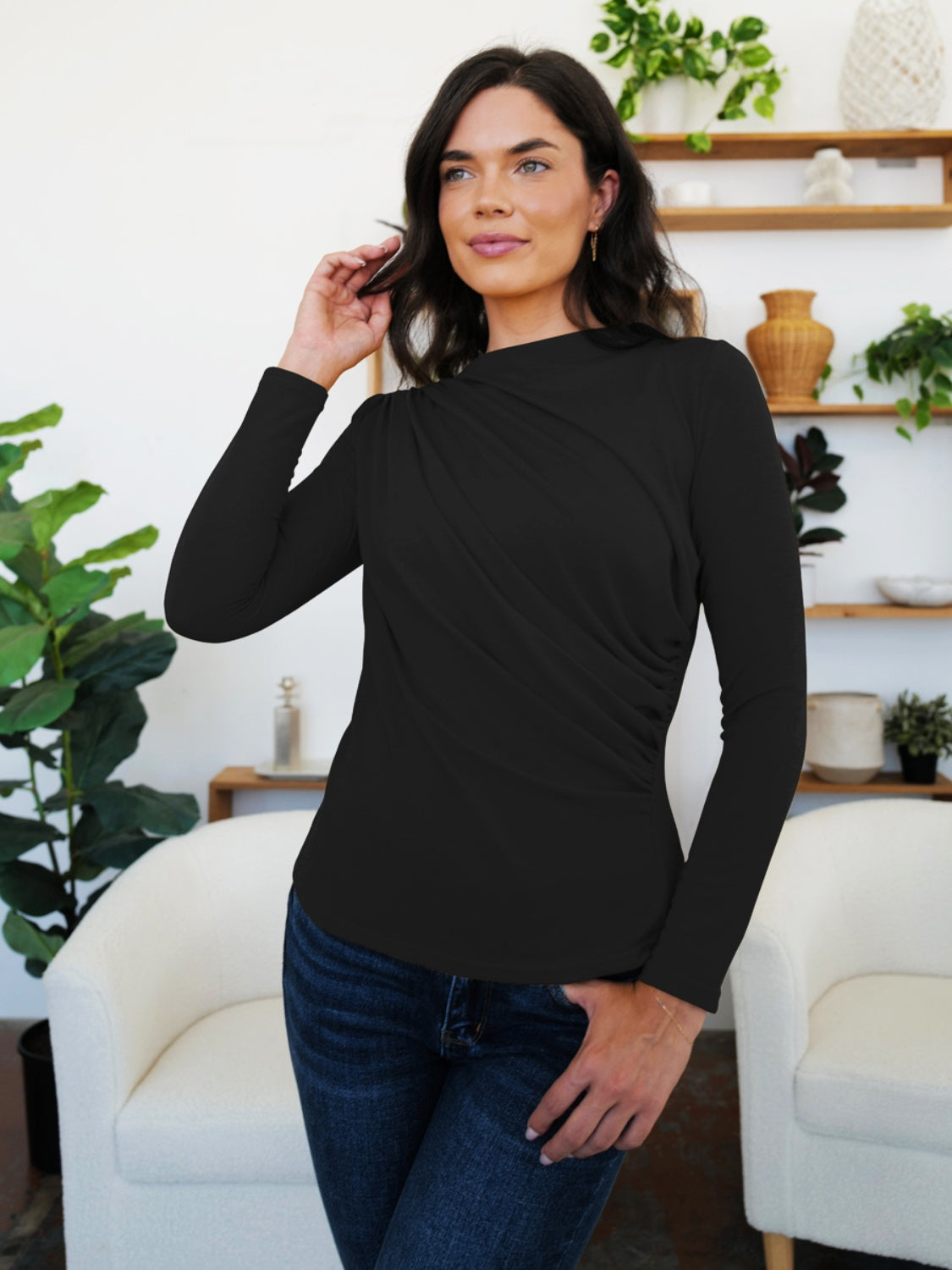 FAM-FAM Ruched Mock Neck Long Sleeve T-Shirt