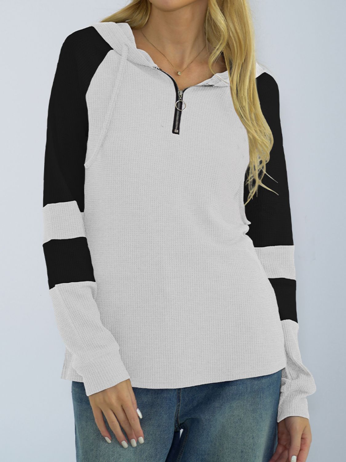 Shiny Waffle-Knit Raglan Sleeve Zipper Front Hoody