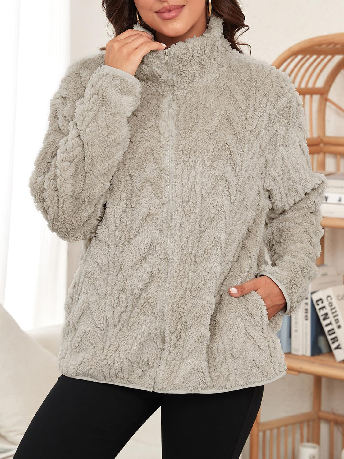 Fuzzy Zip Up Long Sleeve Jacket