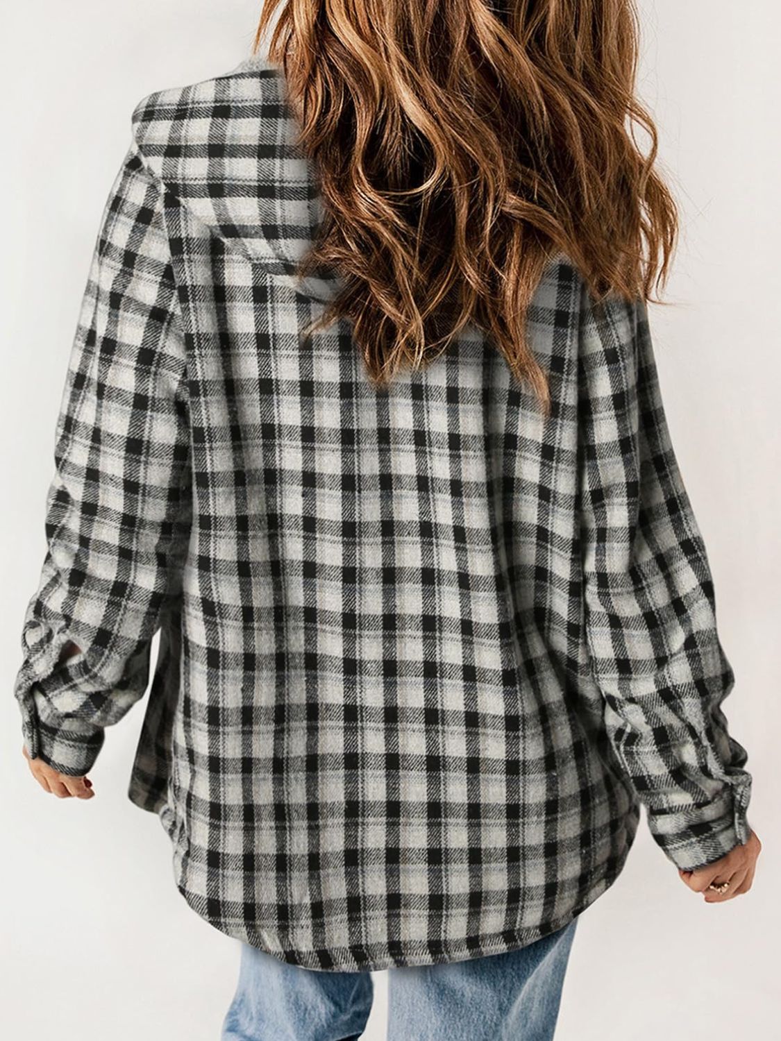 Plaid Snap Down Plush Hooded Jacket