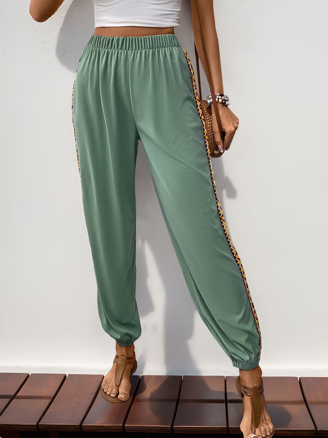 Perfee Weave Band Patchwork Elastic Waist Joggers